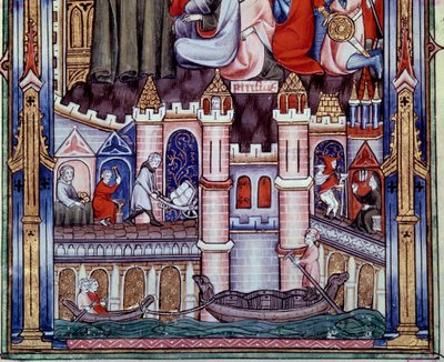 Scènes van bouw- en navigatiewerkzaamheden in Parijs in de Middeleeuwen. Miniatuur uit het manuscript 