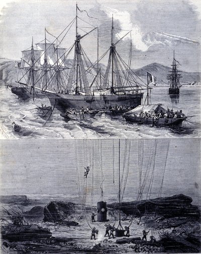 Zoeken naar Spaanse galeonscheepswrakken in de Baai van Vigo in 1702. 19e eeuw door Unknown artist