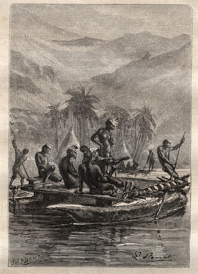 Tweede reis (1772-1775) van Kapitein James Cook (1728-1779): de inboorlingen hadden genoeg vertrouwen om te naderen en te ruilen (Nieuw-Caledonië) - illustratie uit 