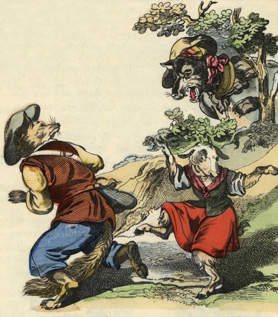 De wolf ziende, vluchtte Meester Vos, waardoor Kleine Chevrette in gevaar bleef. Illustratie van het sprookje "Bon medor en Kleine Chevrette". In "Verhalen uit het huis voor de kleintjes". Anonieme gravure uit de 19e eeuw. door Unknown artist