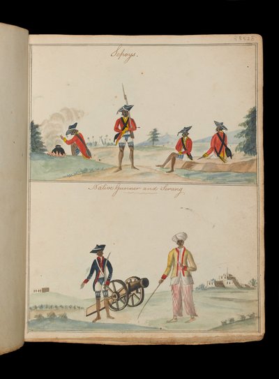 Sepoys, een inheemse kanonnier en een serang (bootsman) door Unknown artist