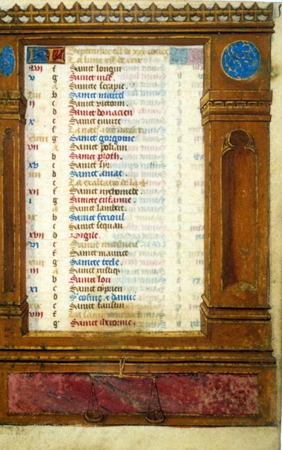 September kalender met het teken Weegschaal - Miniatuur uit de Middeleeuwen: Vraag toestemming aan de Gemeentelijke Bibliotheek van Toulouse (tel: 05 62 27 66 66) door Unknown artist