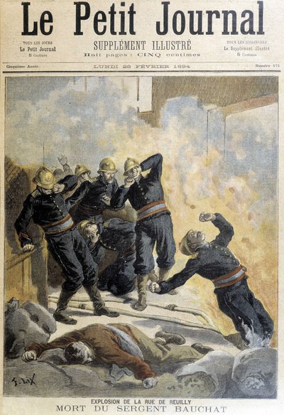 Sergeant Bauchat stierf tijdens brandbestrijding na de explosie van rue de Reuilly. Illustratie van 