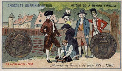 Serie Histoire de la Monnaie Française uitgegeven door Chocolat Guérin Boutron. Chromolithografie 19e eeuw. Bronzen munt van Lodewijk XVI in 1788 door Unknown artist