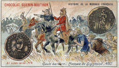 Serie Histoire de la Monnaie Française uitgegeven door Chocolat Guérin Boutron. Chromolithografie 19e eeuw. Barbaarse Gallië. Sigismond munt door Unknown artist
