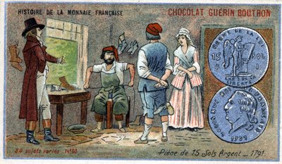 Serie Histoire de la Monnaie Française uitgegeven door Chocolat Guérin Boutron. Chromolithografie 19e eeuw. munten van 15 zilveren sols in 1791 door Unknown artist