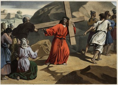 Zij klom naar Calvarie: Jezus die zijn kruis draagt troost de dochters van Jeruzalem. Anonieme gravure uit het midden van de 19e eeuw. door Unknown artist