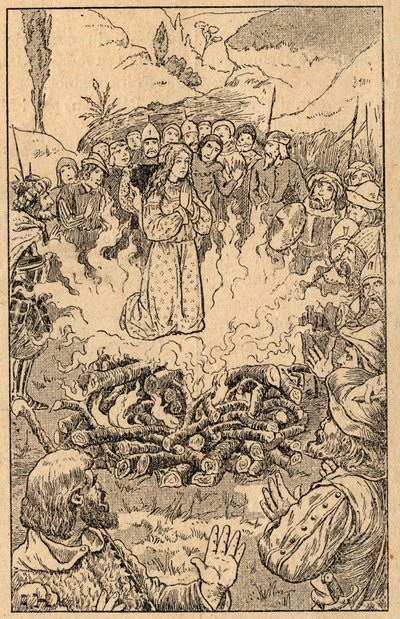 Zij blijft in het midden van de vlammen... Sint Rosa van Viterbo (Rosa da Viterbo) (1233-1252). Gravure uit het einde van de 19e eeuw. Privécollectie. door Unknown artist