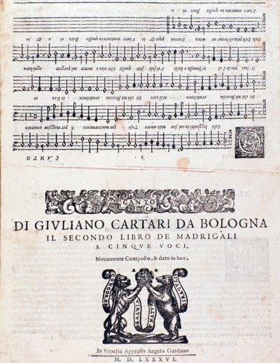 Bladmuziekpagina van de Madrigalen (2e boek) door Giuliano Cartari van Bologna door Unknown artist