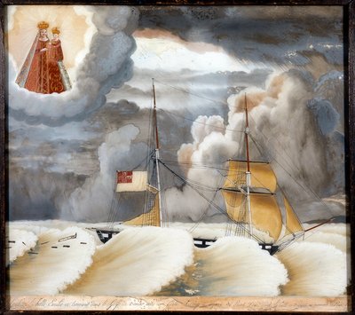 Schip "La belle Emilie" in moeilijkheden - schilderij op hout, ex voto van de Notre Dame de Laghet, 44x37 cm door Unknown artist
