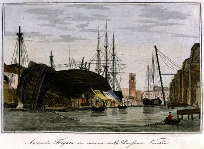 Schip neergeschoten in de romp. Venetiaanse fregat waarvan de romp wordt gerepareerd in het arsenaal. Gravure uit de 19e eeuw door Unknown artist