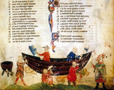 Scheepsbouw en breeuwen in de 13e eeuw. Miniatuur van het "Roman de Troy" door Benoit de Saint Maure. 14e eeuw Biblioteca Marciana, Venetië door Unknown artist