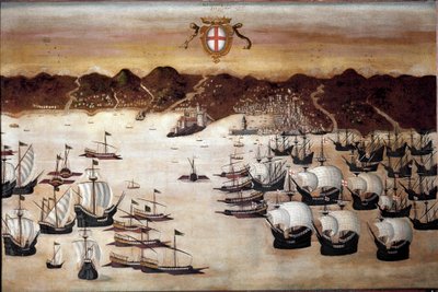 Schepen in de haven van Genua (16e-eeuws schilderij) door Unknown artist