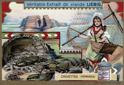 Garnalen en kreeft, met een jonge visvrouw, die haar mand en een groot net draagt - Liebig chromolithografie door Unknown artist