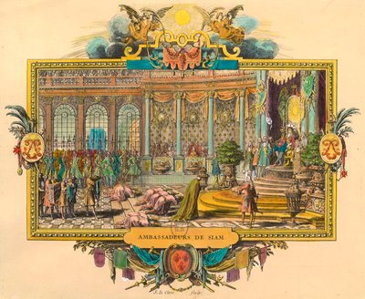 Siamese ambassadeurs aan het hof van koning Lodewijk XIV in 1686. Gravure. Privécollectie door Unknown artist