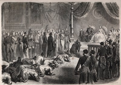 Siamese ambassadeurs kruipen naar de Franse keizerlijke familie tijdens een plechtige audiëntie in Fontainebleau in aanwezigheid van Napoleon III (1808-1873), Eugenie (Eugenia de Montijo) door Unknown artist