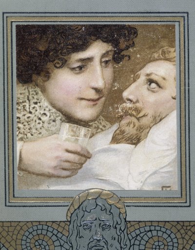 Zieke man en vrouw die hem een glas water geeft - 19e eeuw door Unknown artist