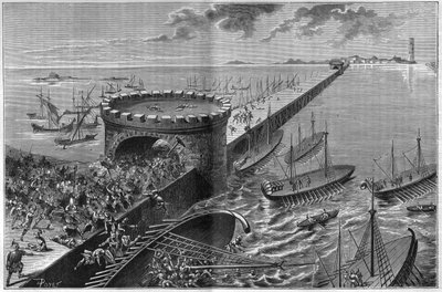 Belegering van Alexandrië door Julius Caesar in 47 v.Chr. De galei van Caesar onder het gewicht van de soldaten die het bestormden. Gravure uit 1885. door Unknown artist