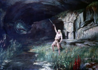 Siegfried, tegenover de draak Fafner, zwaait met zijn zwaard. Scène uit de opera 