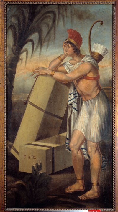 Bord van tabakshandelaren met een Amerikaanse Indiaan die leunt op dozen tabak klaar om te worden verscheept door Unknown artist