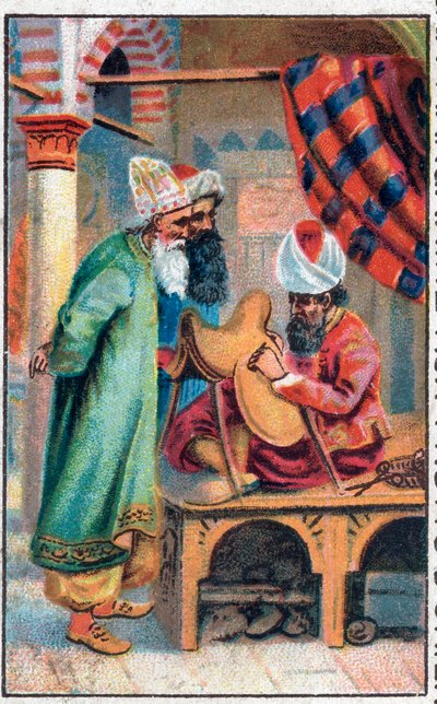 Sindbad maakt een zadel. De wonderbaarlijke avonturen van Sinbad (Sindbad) de zeeman. Populair verhaal van 1001 nachten (duizend en één nachten). Chromolithografie uit het einde van de 19e eeuw. door Unknown artist