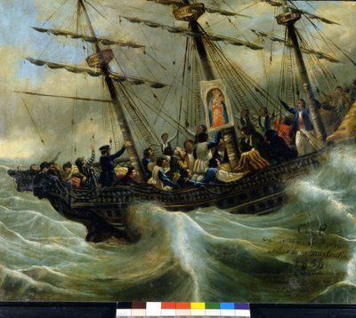 Zinken van een Zwitsers emigrantenschip. Ex voto van 1856 uit het heiligdom van de Madonna del Sasso in Locarno. Schilderij toegeschreven aan Giovanni Antonio Vanoni door Unknown artist