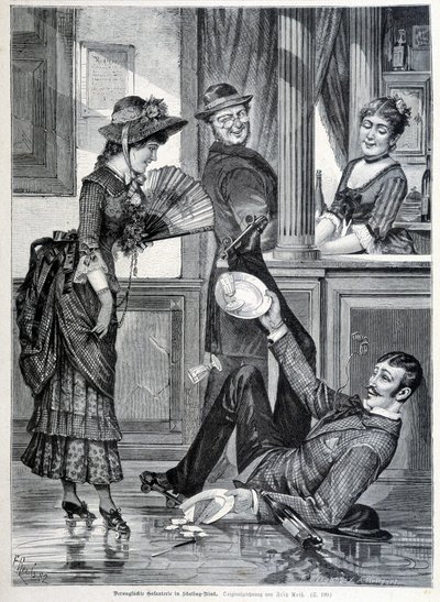Schaatsscène in een brouwerij. Een jongen valt en breekt de borden die hij droeg (1883) door Unknown artist
