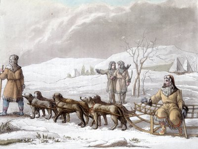 Slee van de Kamtsjatkalen getrokken door honden, Siberië. Tekening door Gallina f. Bibliothèque des arts décoratifs de Paris. 