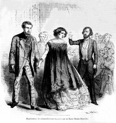 Slaapwandelen: magnetisme en hypnose in de Bazaar de la Bonne-Nouvelle, gravure uit 1885 door Unknown artist