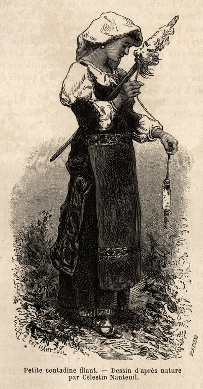 Kleine contadine (boerin) uit de omgeving van Rome, wol spinnend met haar spinrok. Gravure ter illustratie van de reis naar Rome, door Francis Wey, in 1864-1870, gepubliceerd in 