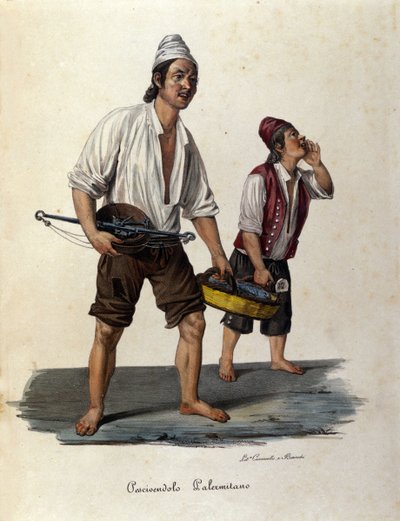 Kleine beroepen van de straat: verkopers van wandelende vissen. Sicilië, gravure uit de 19e eeuw door Unknown artist