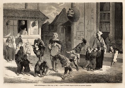 Kleine saltibanken die acrobatische nummers uitvoeren op muziek in de straten van Yedo (of Edo, keizerlijke hoofdstad, het huidige Tokio). Gravure ter illustratie van de reis naar Japan, in 1863-1864, door Aime Humbert, minister van de Zwitserse Confederat door Unknown artist