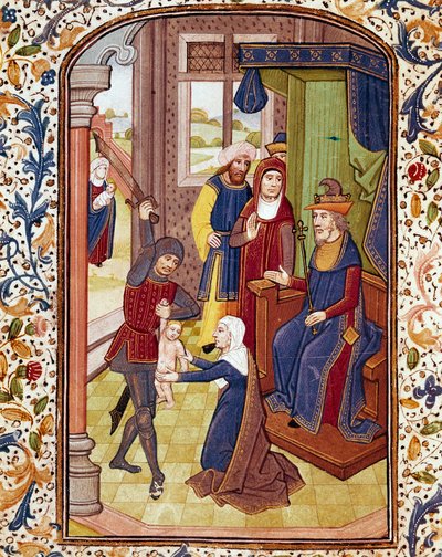 Het oordeel van Salomo: twee vrouwen beweren de moeder van hetzelfde kind te zijn (miniatuur uit een 15e-eeuws manuscript) door Unknown artist