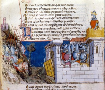 Lied van de heldendaden: een leger bereidt zich voor om het vijandelijke leger aan te vallen dat zich in een kasteel heeft verschanst en beschermd wordt door de ophaalbrug. Miniatuur uit het Frans-Italiaanse manuscript 