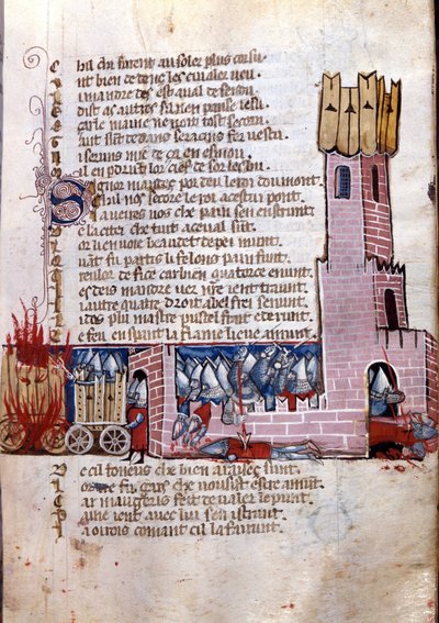 Lied van gebaar: gevechtsscène nabij een versterkte stad (waarschijnlijk de verovering van Spanje door het leger van Karel de Grote). Miniatuur uit het Frans-Italiaanse manuscript “Entrée d