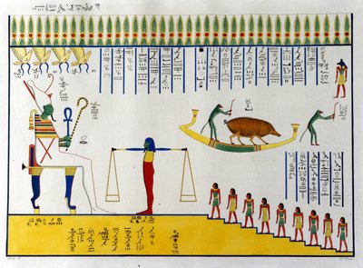 Zielen worden gewogen door Osiris en afhankelijk van het oordeel vliegen ze om zich bij vrije geesten te voegen of keren ze terug naar dierlijke lichamen om de fatale cyclus van migraties te hervatten. Graf van Biban-el. Moluk door Unknown artist