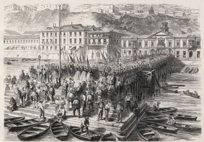 Zuid-Amerikaanse Hispano-oorlog tussen Chili en Spanje, september 1865: de dames van Valparaiso, in aanwezigheid van het Spaanse eskader dat de haven blokkeert, zingen patriottische hymnen - Gravure in 