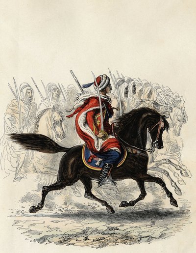 Spahis (Indisch cavaleriekorps van het Franse leger) voornamelijk bestaande uit Arabische ruiters getraind voor de provincie Algiers in 1834, Oran in 1836 en Bone in 1835, in 