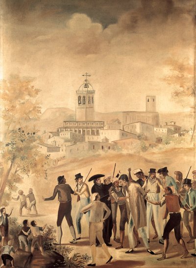 Spaanse Onafhankelijkheidsoorlog (1808-1814): arrestatie van een Franse burger nabij Manresa, anoniem schilderij door Unknown artist