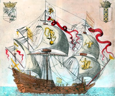 Spaanse schip uit de 16e eeuw. Gravure uit de 16e eeuw door Unknown artist