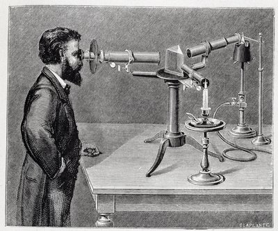 Spectroscoop om de spectra van aardse elementen te vergelijken met die van hemellichamen door Unknown artist