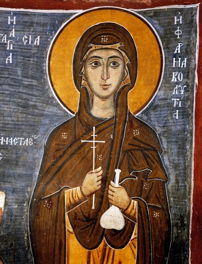 Sint Anastasia, genezer van paarden met fles remedies en kruis, Byzantijnse kerk van Onze-Lieve-Vrouw van Asinou (12e eeuw) (Unesco Werelderfgoedlijst, 2001), Troodos-gebergte, Cyprus, (detail) door Unknown artist