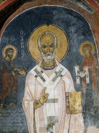St. Nicolaas van Myra, fresco (12e eeuw), Kerk van Ayios Nikolaos tis Steyis (Sint Nicolaas van het Dak) (11e eeuw) (Unesco Werelderfgoedlijst, 2001), Troodos bergen, Cyprus door Unknown artist