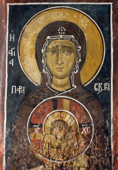 St. Paraskevi, personificatie van Goede Vrijdag met icoon van Christus van Hoogste Nederigheid, fresco (1332-1333), Byzantijnse kerk van Onze Lieve Vrouw van Asinou (12e eeuw) (Unesco Werelderfgoedlijst, 2001) Troodos bergen, Cyprus door Unknown artist