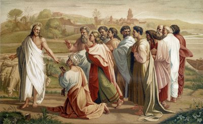 Missie van Sint Petrus: Jezus vertrouwt zijn kudde toe aan Petrus in aanwezigheid van de andere apostelen - volgens 16e-eeuws schilderij door Unknown artist