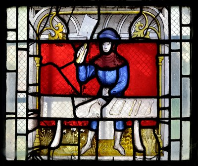 Glas-in-loodraam dat een slager aan het werk toont, eind 15e-begin 16e eeuw - Kapel Sainte Claude van de Collegiale Kerk Notre-Dame de Semur-en-Auxois, Bourgondië door Unknown artist