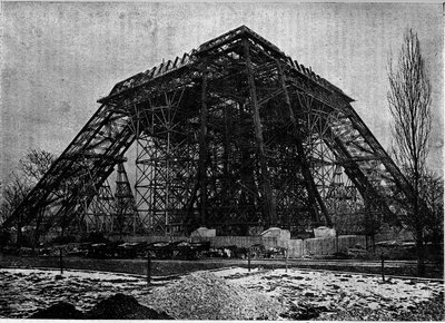 Staat van de bouw van de Eiffeltoren in Parijs begin maart 1888. Gravure in het tijdschrift 