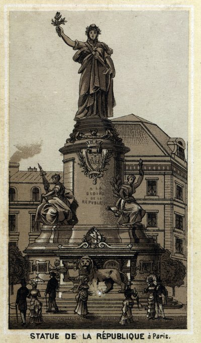 Standbeeld van de Republiek, Place de la Republique in Parijs. Chromolithografie uit de late 19e eeuw door Unknown artist