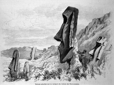 Beelden geplaatst op de helling van de vulkaan Ronoraraka op Paaseiland (Rapa Nui). Gravure 1871. door Unknown artist