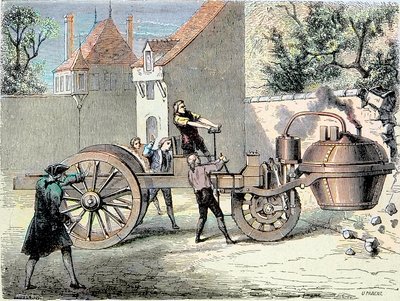 Stoomauto uitgevonden door Nicolas Joseph Cugnot (1725-1804) die in 1770 de controle verliest en een deel van een muur omver rijdt (eerste gerapporteerde 
